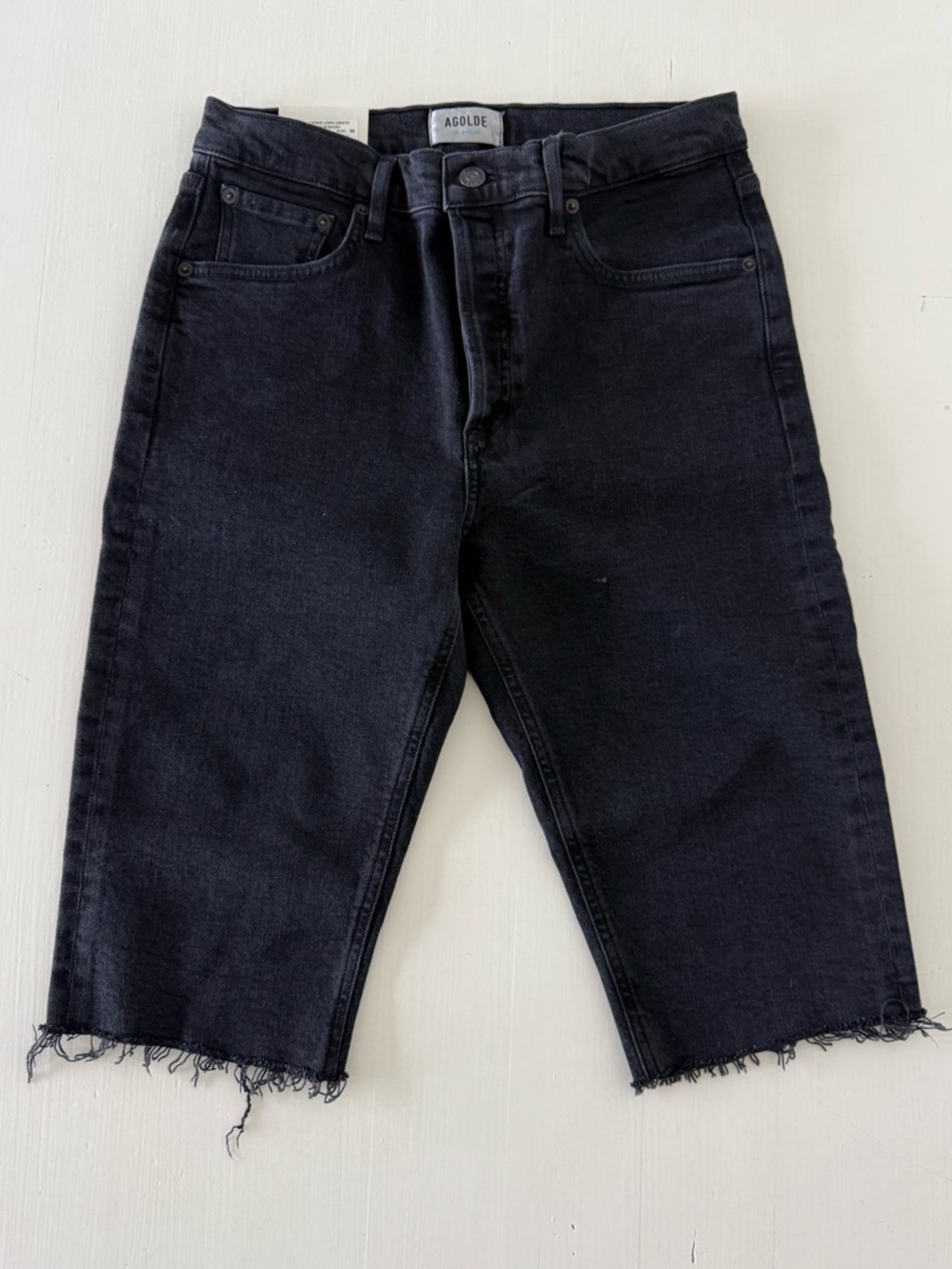 Agolde Carrie Black Denim Long Shorts with Raw Hem